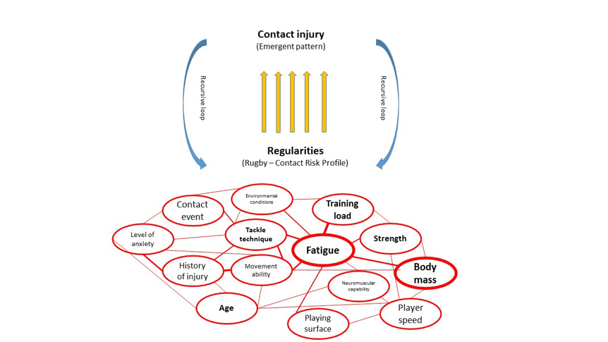 Figure 2 – An illustration of the ‘web of determinants’ that results in the emergence of particular injury patterns within a sports team (Modified from Bittencourt et al, 2016)