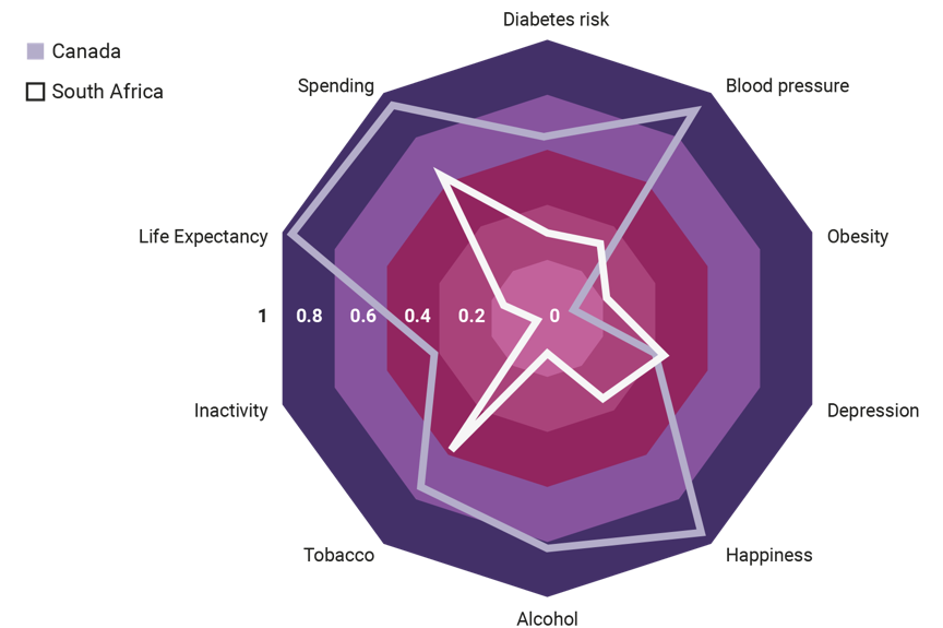 The highest and lowest scoring countries across ten health indicators included in the Indigo Global Health Index.